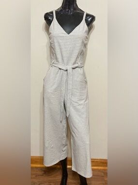 Striped Cream & Black Wide-Leg Jumpsuit with Tie Waist. Item# SS1pcp1